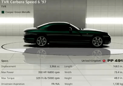 TVR Cerbera Speed Six Gran Turismo 6 PS3 showroom compare game vs IRL